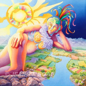 Gaia, the Earth goddess, was one of the four original deities in Greek mythology: Earth, Air, Sea, and Sky. Gaia was considered the great mother of all the heavenly gods, sea gods, and mortal creatures. In 1969 James Lovelock proposed that all of earth's living organisms and inorganic material are part of a living dynamic system necessary to maintain life on earth. Subsequently, those concerned with preserving the environment have adopted Gaia's name to represent the personification of earth. This painting depicts day, night, and the four seasons, along with a pregnant Gaia as earth's mother reclining on bountiful fields: her quilt.